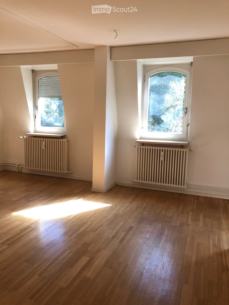 Empty room with wooden flooring, white walls, and two windows with radiators beneath them.
