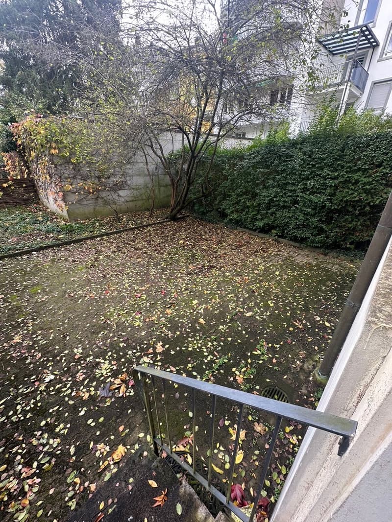 A small, elevated garden area with a metal railing, covered in fallen leaves and sparse vegetation, bordered by a concrete wall and neighboring buildings.