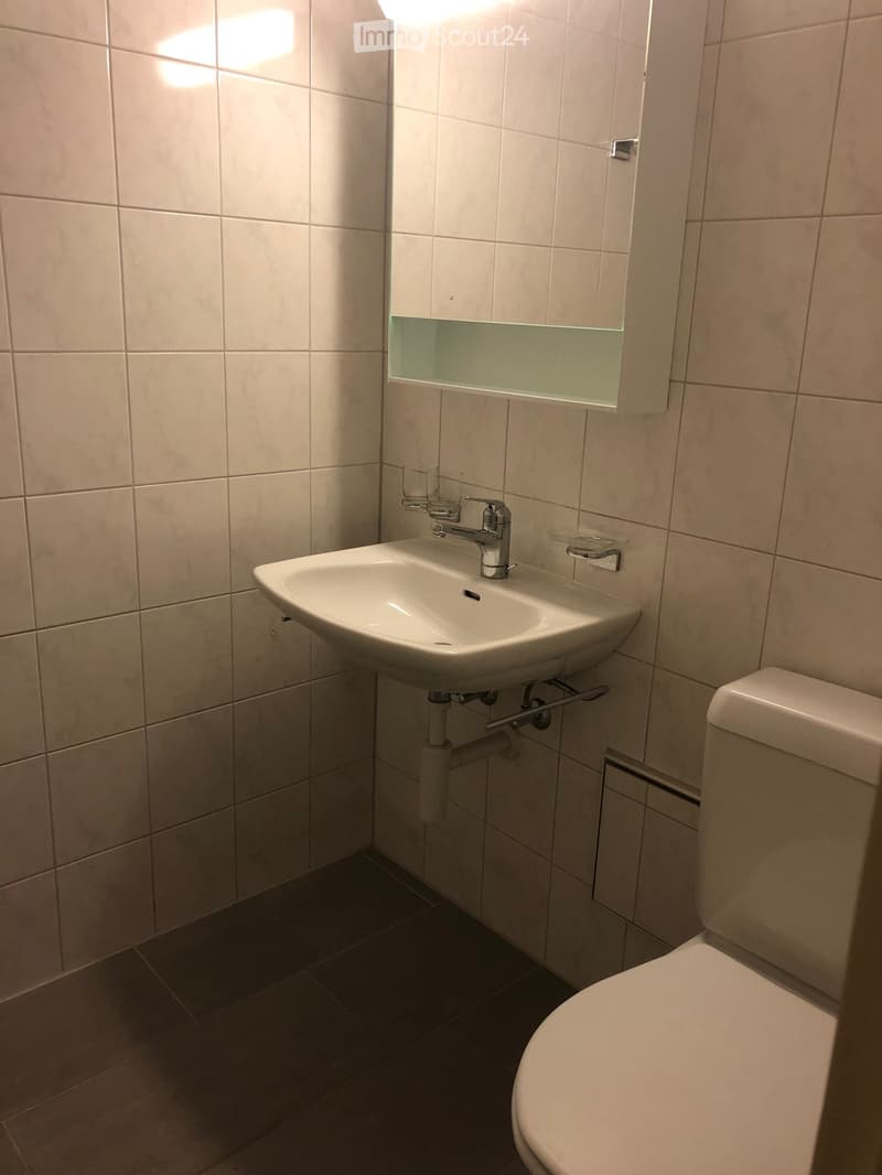 Modern bathroom with a white sink, chrome faucet, toilet, and a mirrored cabinet above the sink. The walls are tiled in light beige, and the floor is dark grey.
