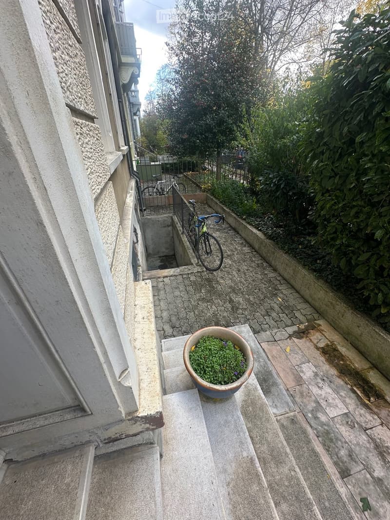 A narrow outdoor staircase leading up to a building entrance, with a potted plant on the steps and a bicycle leaning against the railing.