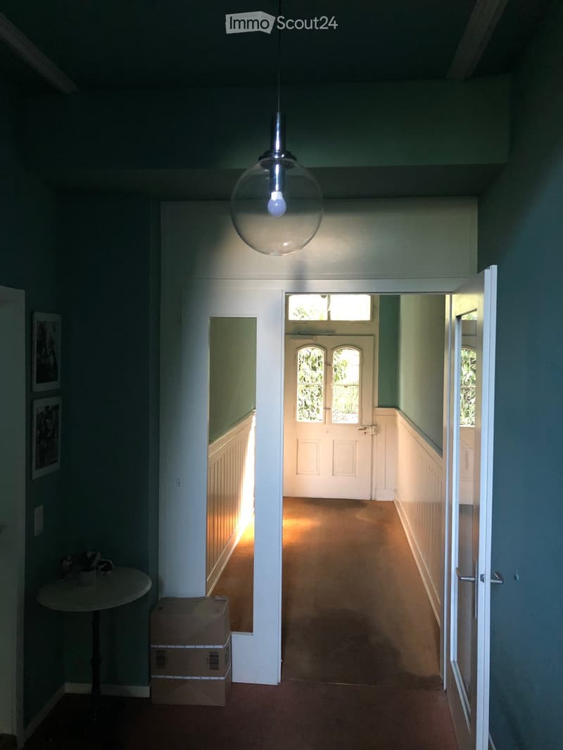 A well-lit hallway with wooden flooring, white walls, and a hanging glass light fixture. The hallway leads to an open doorway with a view of another room beyond.