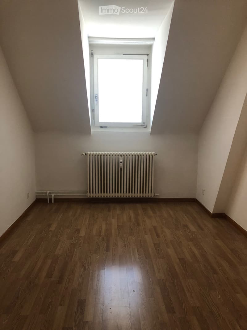 Empty room with wooden flooring, white walls, a radiator, and a skylight window.