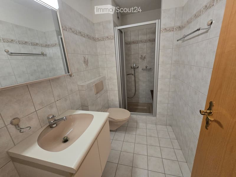 Modern bathroom with a white sink, toilet, glass-enclosed shower, and a large mirror. The walls are tiled with a decorative border, and towel racks are mounted on the walls.