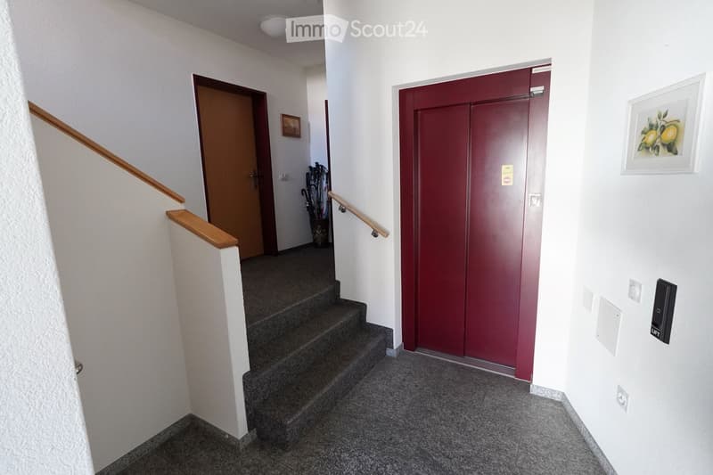 Hallway with a staircase leading up, wooden handrails, elevator door, and a small storage area with umbrellas.