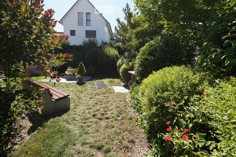 Well-maintained garden with a lawn, various shrubs, a small seating area with a table and chairs, and a modern house in the background.