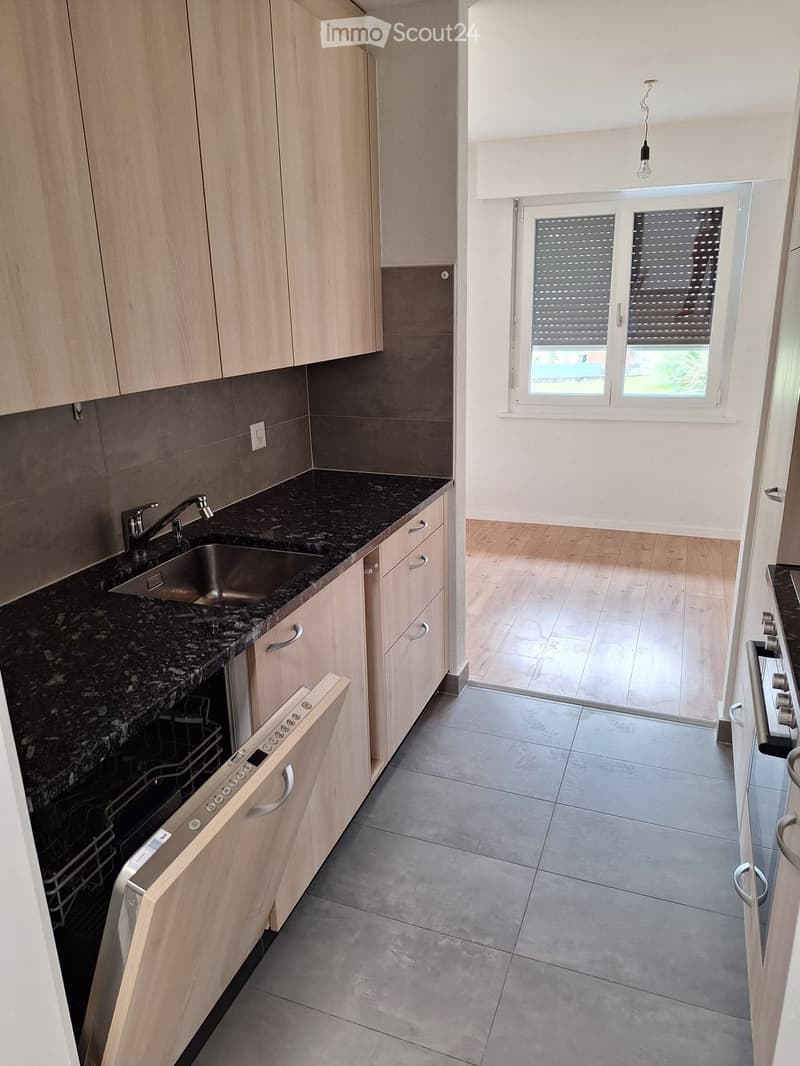 Modern kitchen with light wooden cabinets, granite countertop, stainless steel sink, and built-in dishwasher. Open layout connects to a small living area with wooden flooring and large windows.