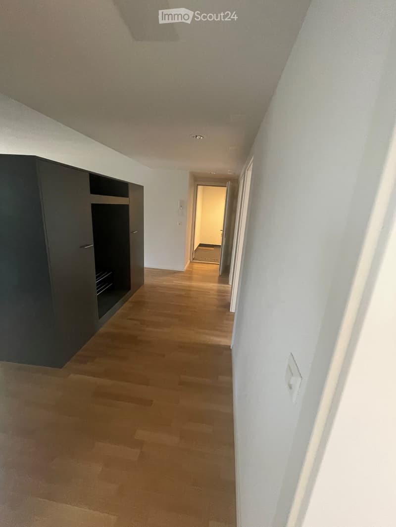 Empty hallway with wooden flooring, white walls, and a built-in dark-colored cabinet on the left side. A doorway leads to another room at the end of the hallway.