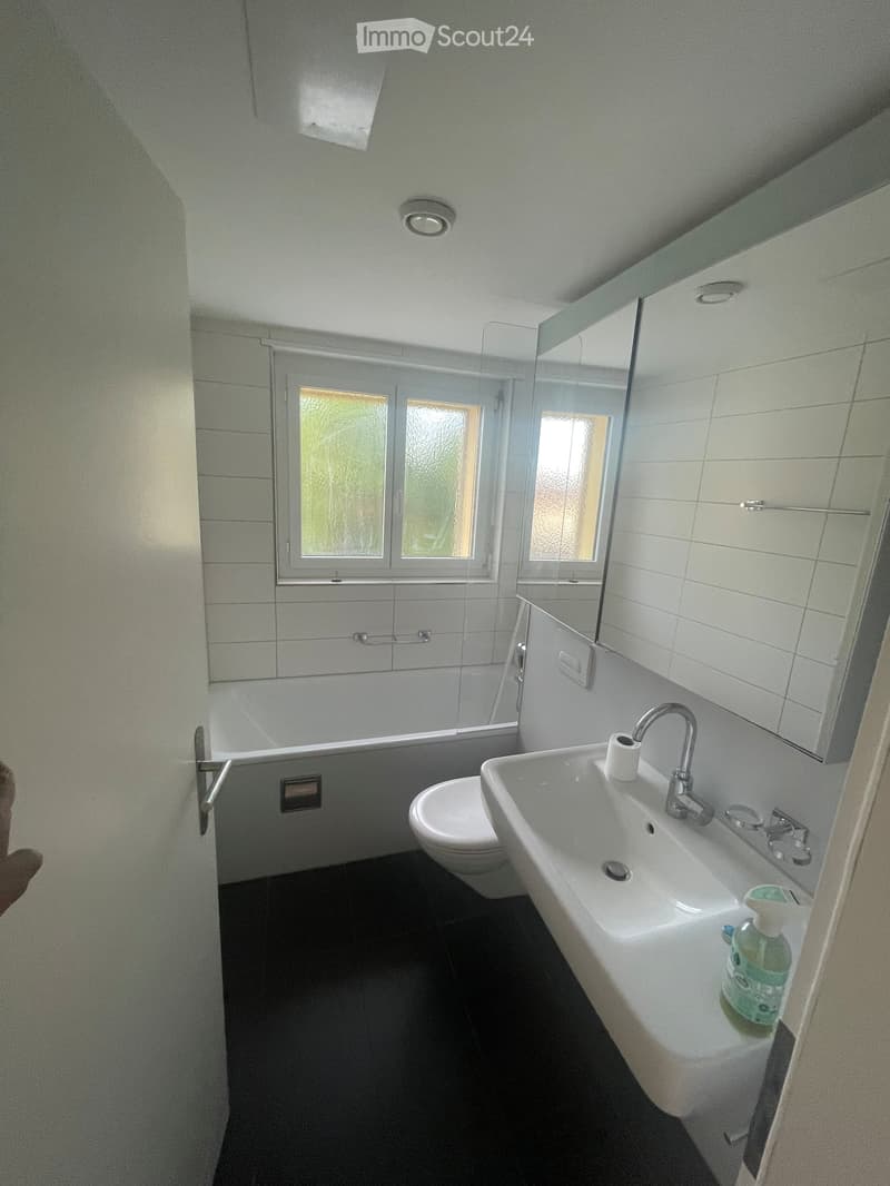 Modern bathroom with white tiles, a large sink, toilet, bathtub, and a glass-enclosed shower area. Features a large mirror and frosted windows.