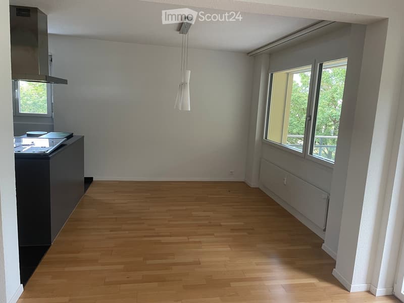 Empty room with wooden flooring, white walls, and large windows with a view of greenery. A small kitchen area is visible with a countertop and sink.