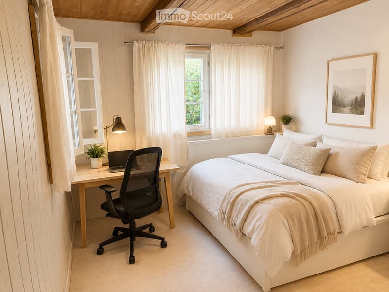 Cozy bedroom with a large bed, a desk with a laptop, a chair, and a small potted plant. The room features wooden panel walls, large windows with sheer curtains, and a warm, inviting atmosphere.