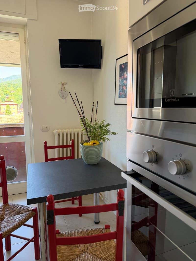 A small, modern kitchen area with a black countertop table, red chairs, a potted plant, a microwave, an oven, and a wall-mounted TV.