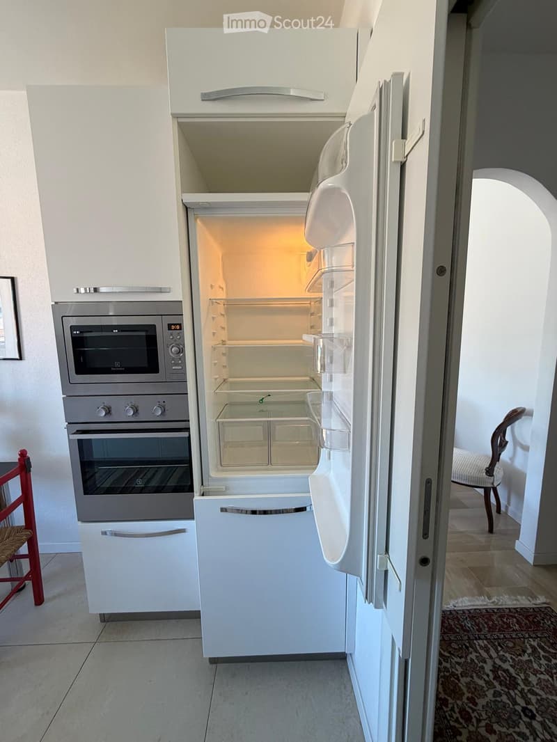Modern kitchen with white cabinets, stainless steel appliances including a refrigerator, microwave, and oven. A red chair is visible to the left, and a patterned rug is on the floor in the adjacent room.