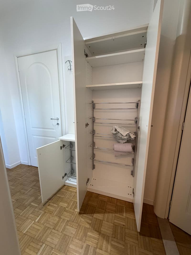 Empty closet with wooden herringbone flooring, white walls, and built-in storage including shelves and a hanging rod with a few towels.