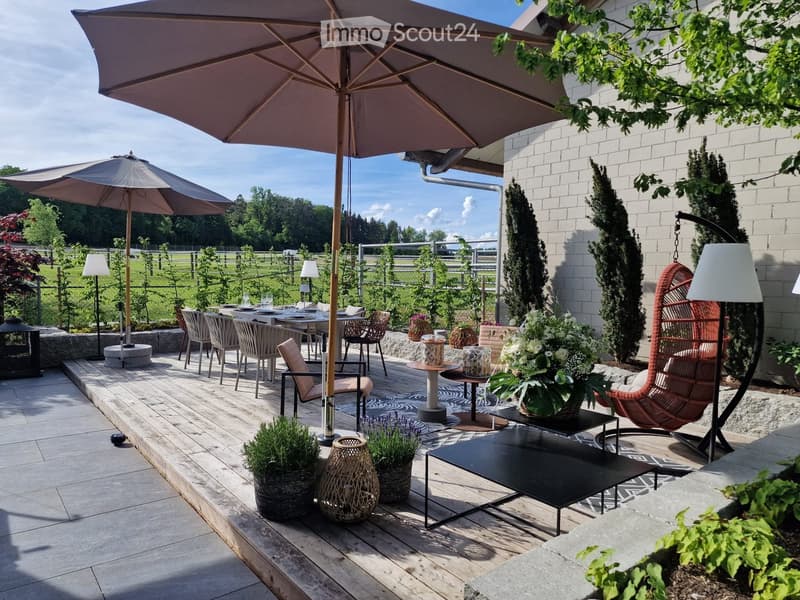 Outdoor dining area with table and chairs, umbrellas, plants, and a view of the countryside