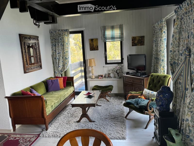 Cozy living room with a green sofa, wooden coffee table, armchair, table lamp, television, and decorative items. The room features wooden panel walls, large windows with curtains, and a view of the outdoors.