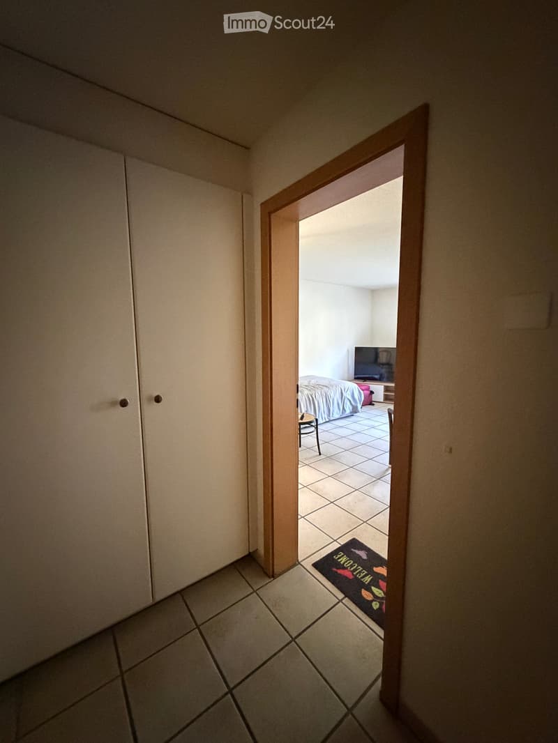 A narrow hallway with tiled flooring, leading to a bedroom with a bed, TV, and a small table. A colorful doormat is placed at the entrance to the bedroom.