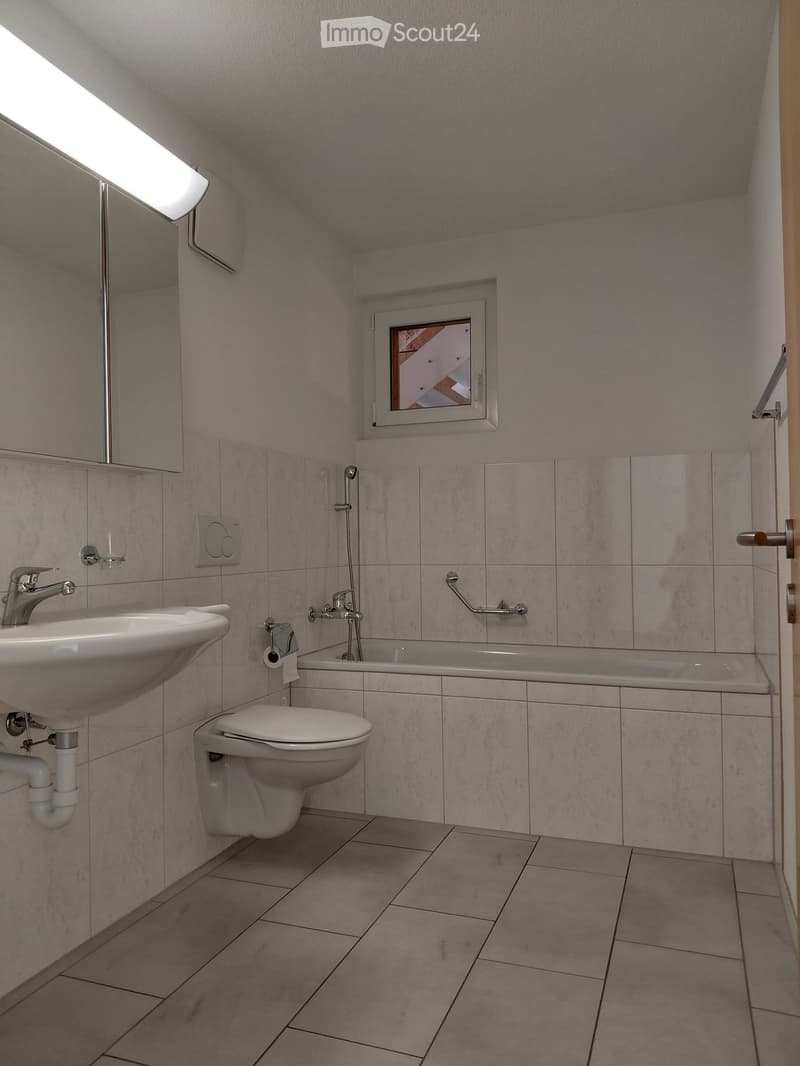 Modern bathroom with a sink, toilet, bathtub, and a window above the bathtub. Features a mirror, handrail, and tiled walls and floor.