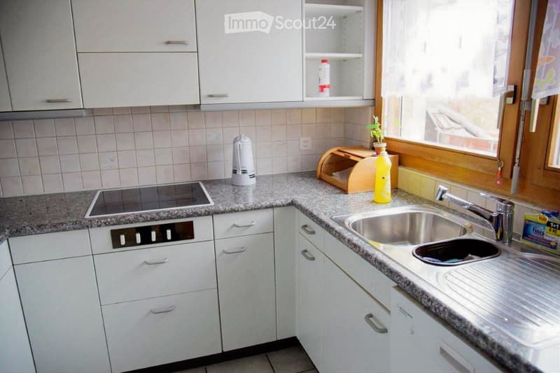 Modern kitchen with white cabinets, granite countertops, induction stove, double sink, and various small appliances and items on the counter.