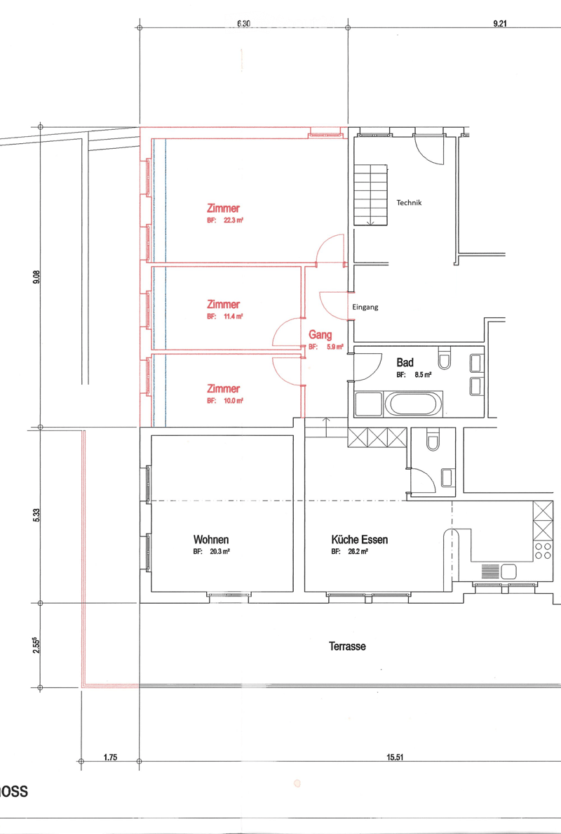 Floor plan showing a living area, kitchen-dining area, three bedrooms, a bathroom, a hallway, a technical room, and a terrace.
