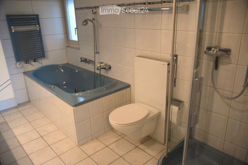 Bathroom with a blue bathtub, toilet, glass-enclosed shower, and a radiator on the wall.