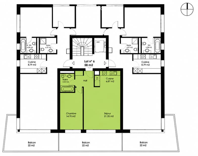 Floor plan of a 58 m² apartment with a living room, bedroom, kitchen, bathrooms, and three balconies.