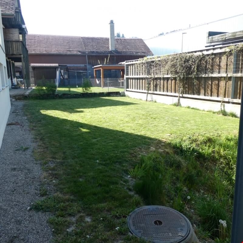 A small, grassy backyard enclosed by a wooden fence, with a gravel pathway leading to a wooden shed and a small play structure. The area is bordered by a house with a tiled roof and chimney.