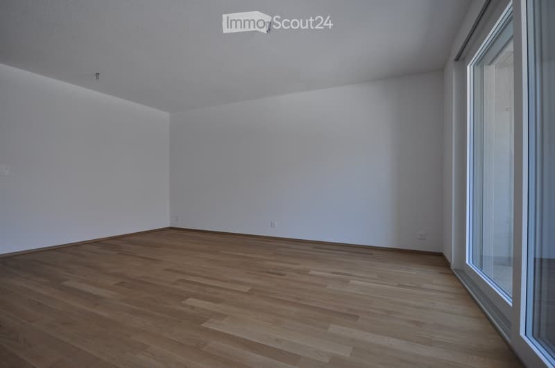 Empty room with light wooden flooring and white walls, featuring a large window on one side.