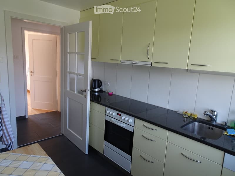 Modern kitchen with light green cabinets, black countertops, stainless steel sink, and built-in oven. A coffee maker and cups are on the counter.