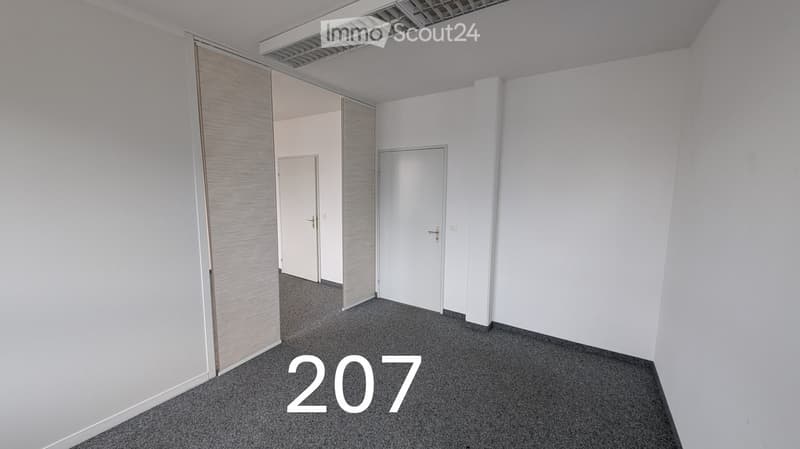 Empty room with white walls, grey carpeted floor, and two white doors.