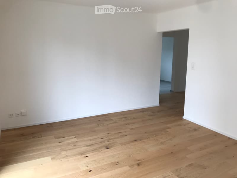 Empty room with light wooden flooring and white walls, featuring a doorway leading to another space.