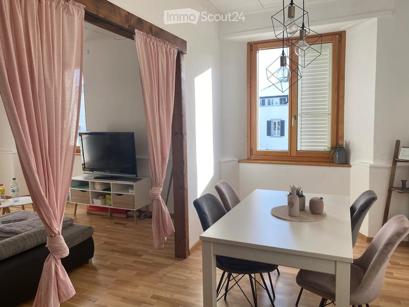 A room with a dining table, chairs, a television, a shelf, and a bed with a blanket.
