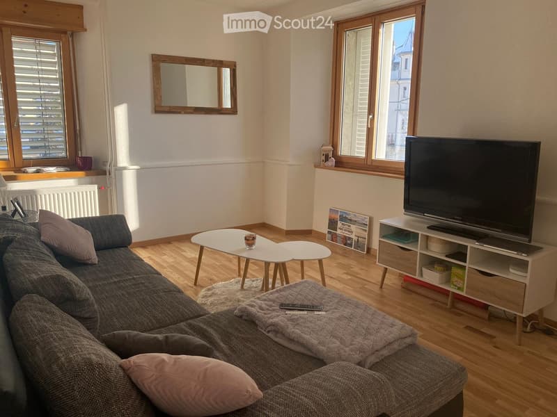 Living room with couch, coffee table, TV, mirror, radiator, windows with blinds