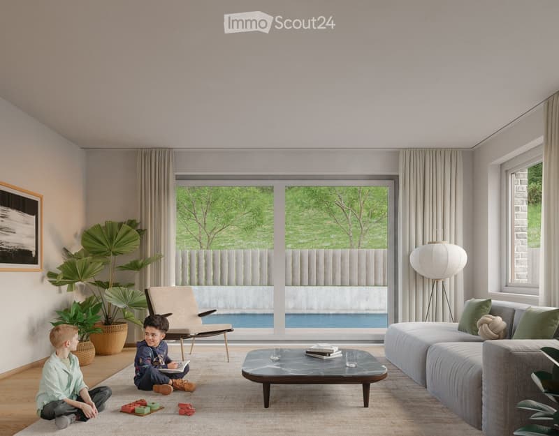 Modern living room with large windows overlooking a pool and garden, featuring a sofa, coffee table, armchair, floor lamp, and decorative plants.