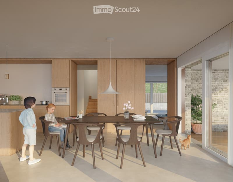 Modern dining area with a wooden dining table, six chairs, a vase with flowers, and a cat near the window. The kitchen area features wooden cabinets, an oven, and a countertop with a potted plant.