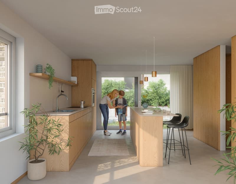 Modern kitchen with wooden cabinets, island, sink, and stools. Features pendant lights, potted plants, and a view of greenery outside.