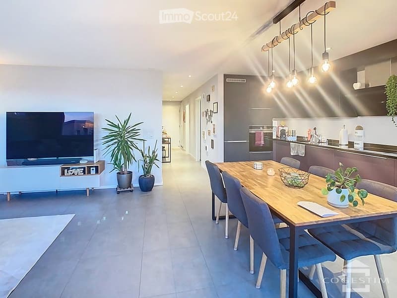 Modern open-plan living and dining area with a large TV, wooden dining table, grey chairs, kitchen with grey cabinets, and potted plants.