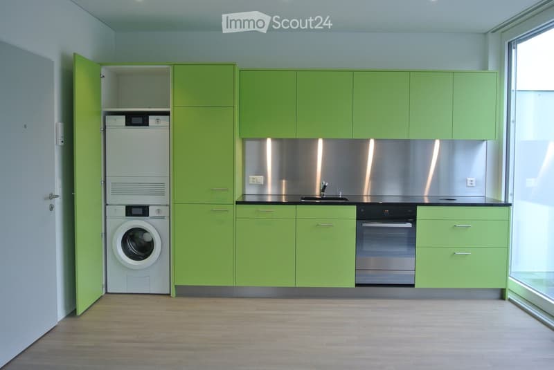 lime green cabinets, white appliances, black countertops, stainless steel backsplash, stainless steel faucet
