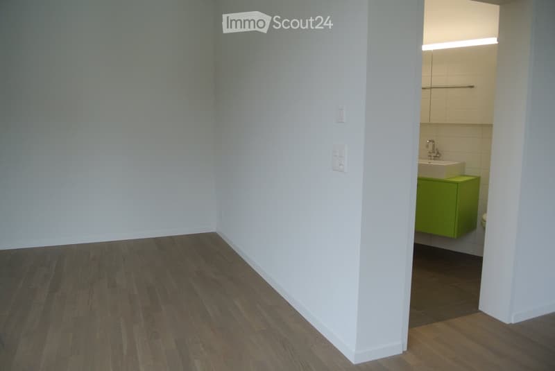 Bathroom: tile floors, white walls, green cabinet, white sink, toilet