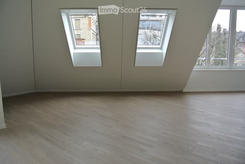 Empty room with white walls, wooden floor, skylights, large windows, balcony