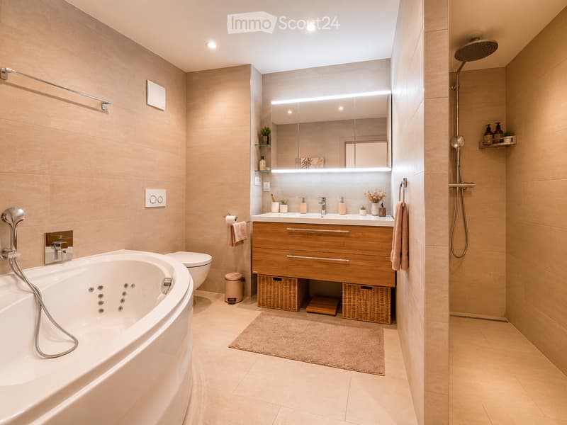 Modern bathroom with beige tiles, a large bathtub, a toilet, a double sink with a wooden cabinet, a large mirror with built-in lighting, a shower, and decorative items on shelves.