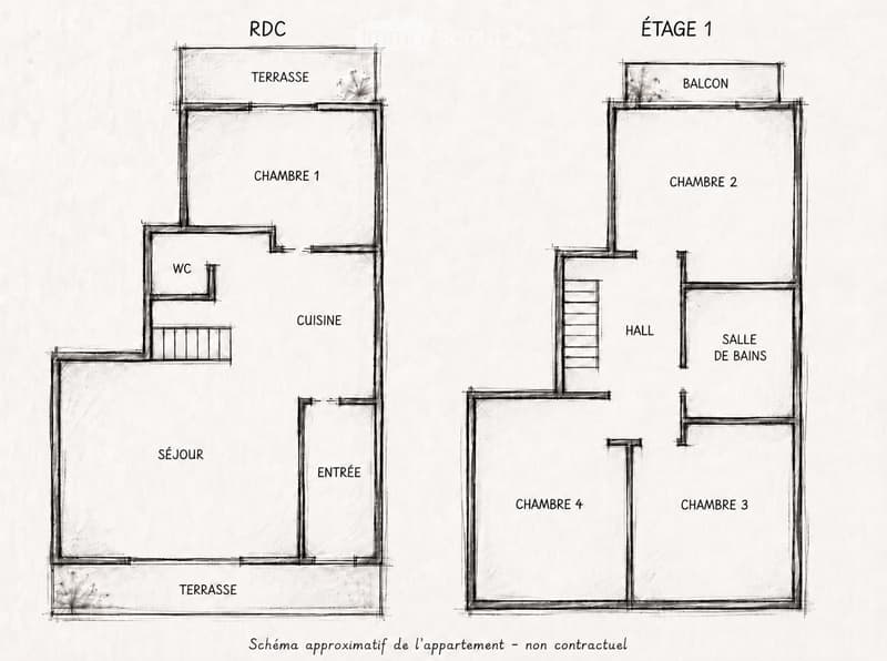 Floor plan of a two-story apartment with living room, kitchen, four bedrooms, two bathrooms, and two terraces.