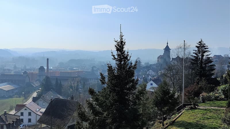 Panoramic view of a town with houses, trees, and a distant castle-like structure on a hill.