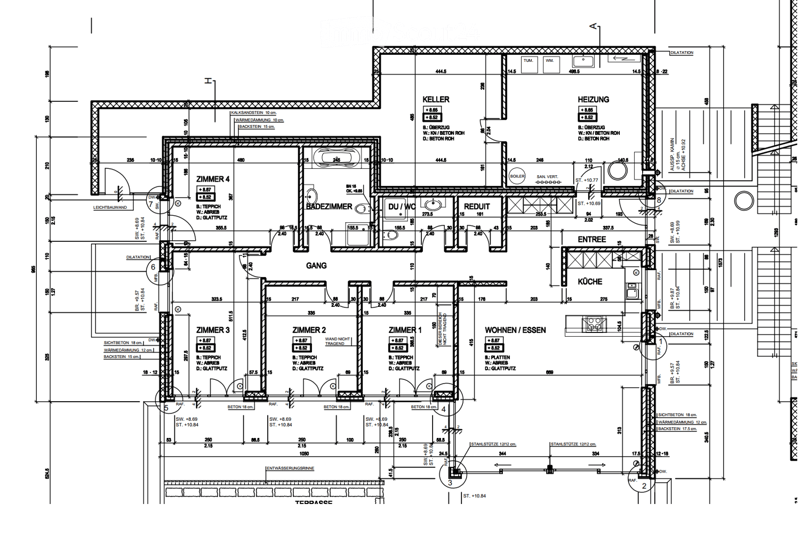 Floor plan of a house showing multiple rooms including a kitchen, living/dining area, bedrooms, bathroom, hallway, entrance, and basement with heating and boiler areas.