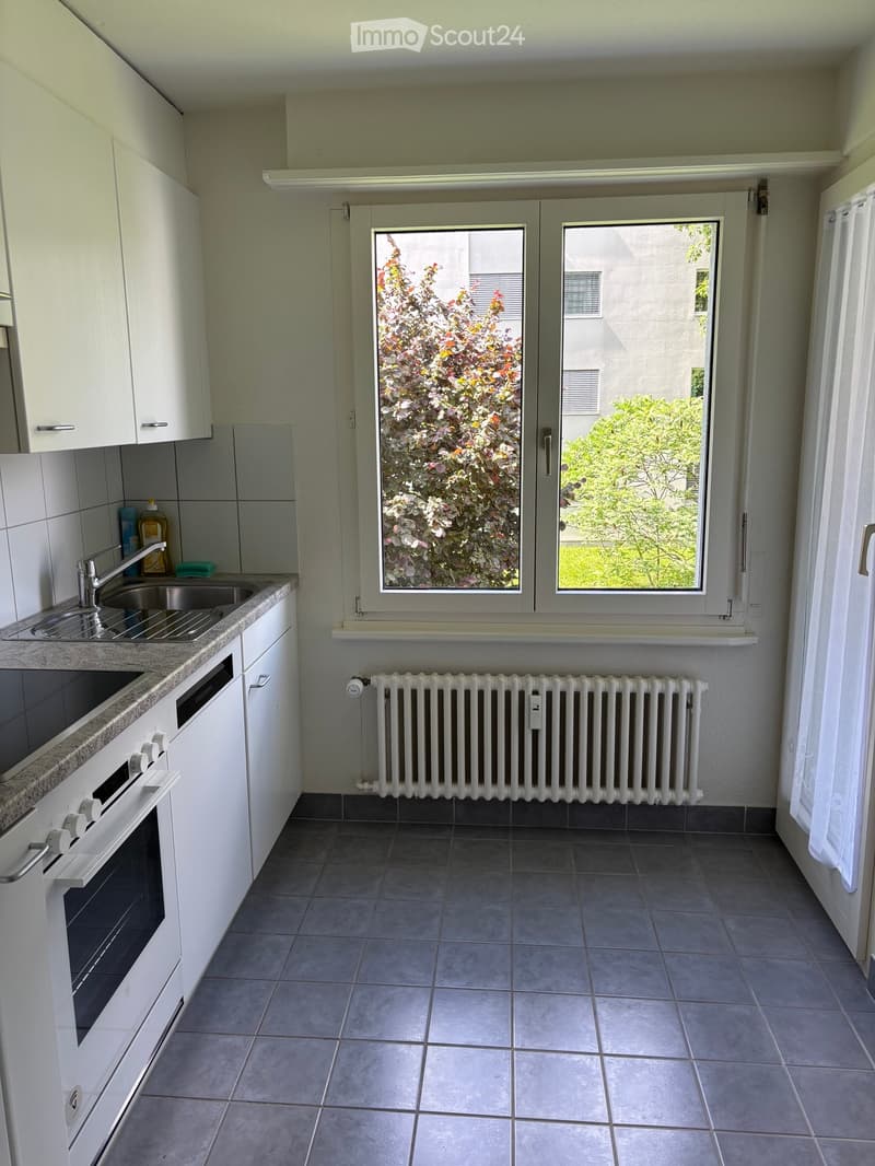 Modern kitchen with white cabinets, granite countertop, stainless steel sink, oven, and radiator under the window.