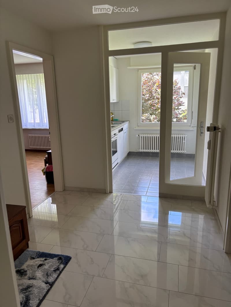 Bright hallway with marble flooring, leading to a kitchen area with white cabinets, a sink, and a window overlooking greenery.