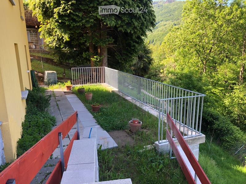 A narrow, elevated garden path with concrete steps, metal railing, and potted plants, surrounded by greenery and trees.