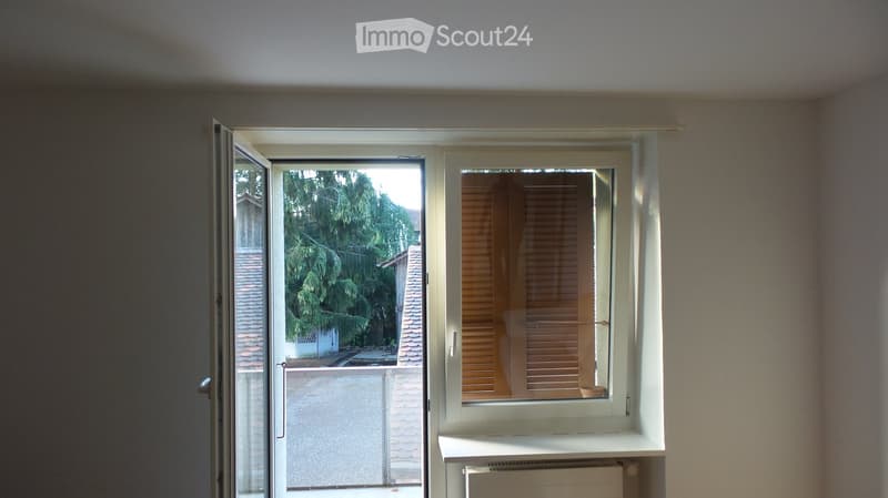 Empty room with large windows, one open to the outside showing a view of trees and a neighboring house, and another window with closed blinds. The walls are plain and there is a radiator below the window with closed blinds.