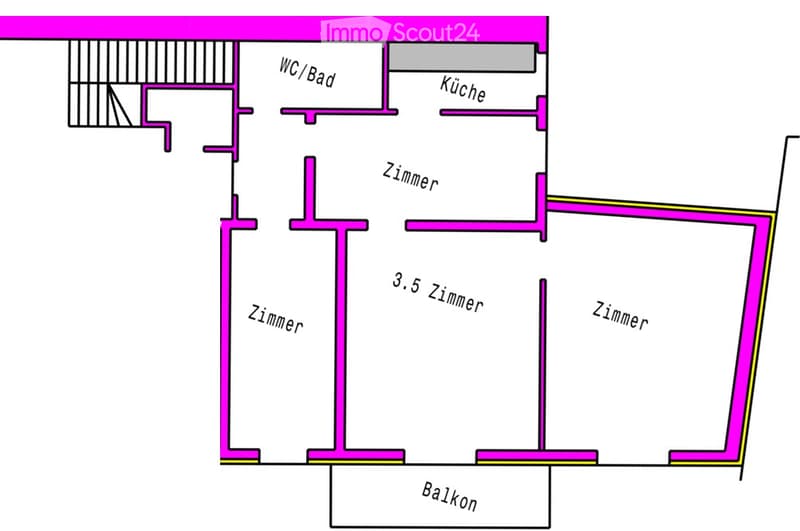Floor plan showing a WC/Bathroom, Kitchen, and multiple bedrooms, including a 3.5 Zimmer room and a Balkon.