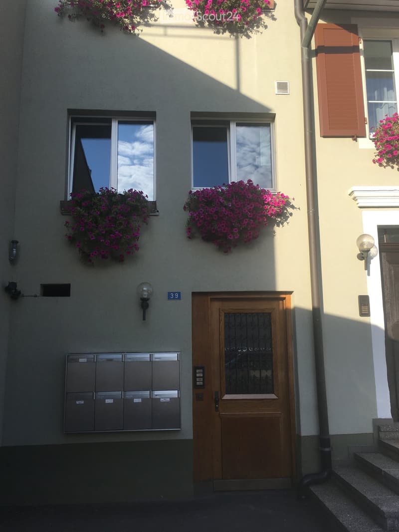 Facade of a residential building with a wooden front door, mailboxes, windows adorned with pink flower boxes, and decorative lighting fixtures.