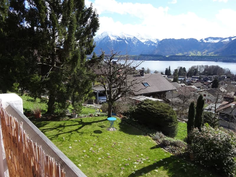 Garden with green lawn, small table, potted plants, and scenic mountain view in the background.